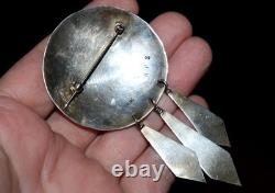Large Vintage Navajo Platero Turquoise Sterling Dangle Feathers Brooch