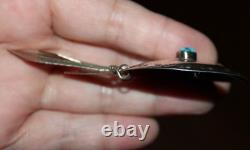 Large Vintage Navajo Platero Turquoise Sterling Dangle Feathers Brooch