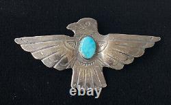 Large Vintage Navajo Stamped Sterling Silver Turquoise Thunderbird Pin Brooch