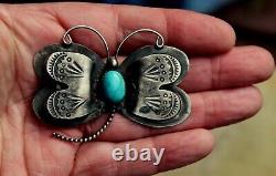 Large Vintage Navajo Sterling Silver & Blue Turquoise Stone BUTTERFLY Brooch Pin