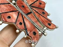Large Vintage Navajo Sterling Silver Spiny Oyster Inlay Butterfly Pin Brooch
