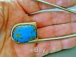 Large Vintage Southwestern Natural Turquoise Sterling Silver & Brass Safety Pin
