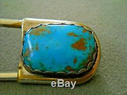 Large Vintage Southwestern Natural Turquoise Sterling Silver & Brass Safety Pin