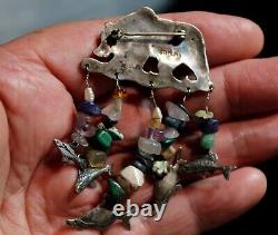 Large Vintage Sterling Silver & Gemstones BEAR & FRESH WATER FISH Brooch Pin