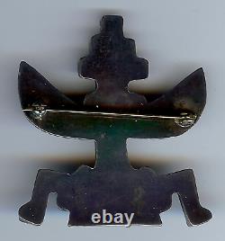 Large Vintage Zuni Indian Silver Inlaid Turquoise Coral Shell Onyx Knifewing Pin
