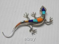 Large Vintage Zuni Indian Sterling Silver Multi Stone Inlay Lizard Pin / Pendant