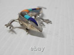 Large Vintage Zuni Indian Sterling Silver Multi Stone Inlay Lizard Pin / Pendant