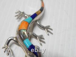 Large Vintage Zuni Indian Sterling Silver Multi Stone Inlay Lizard Pin / Pendant