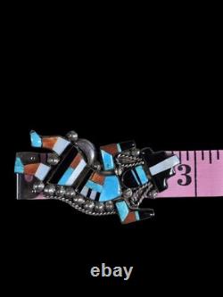 Large Vintage Zuni Multi-inlay Rainbow Man Dancer Sterling Silver Brooch Pin