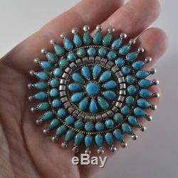 Large Vintage Zuni Sterling Silver and Turquoise Petit Point Cluster Pin/Pendant