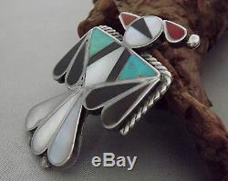 Large Vintage Zuni THUNDERBIRD Pin / Brooch Sterling Silver Multi-Color Inlay