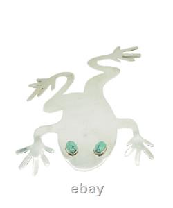 Large Vtg Native American frog sterling silver turquoise pin brooch signed