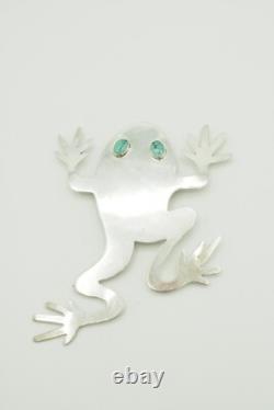 Large Vtg Native American frog sterling silver turquoise pin brooch signed