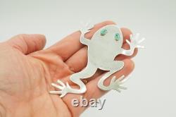 Large Vtg Native American frog sterling silver turquoise pin brooch signed