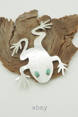 Large Vtg Native American frog sterling silver turquoise pin brooch signed