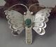 Large Vtg Navajo Malachite Butterfly Stamped Sterling Silver Pin / Brooch Signed