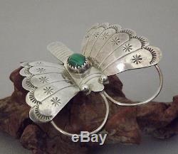Large Vtg Navajo Malachite BUTTERFLY Stamped Sterling Silver Pin / Brooch SIGNED