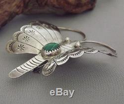 Large Vtg Navajo Malachite BUTTERFLY Stamped Sterling Silver Pin / Brooch SIGNED