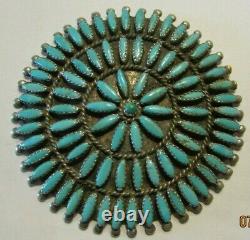 Large Vtg Zuni Signed Sterling Silver Petit Point Turquoise Pendant Pin/brooch
