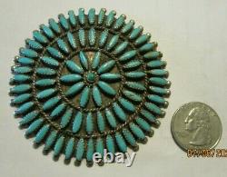 Large Vtg Zuni Signed Sterling Silver Petit Point Turquoise Pendant Pin/brooch