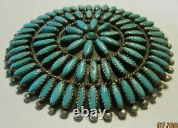 Large Vtg Zuni Signed Sterling Silver Petit Point Turquoise Pendant Pin/brooch