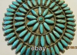 Large Vtg Zuni Signed Sterling Silver Petit Point Turquoise Pendant Pin/brooch