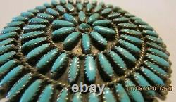 Large Vtg Zuni Signed Sterling Silver Petit Point Turquoise Pendant Pin/brooch