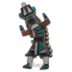 Large ZUNI Native American Sterling Silver inlayed Figure Pin Brooch 3 inch Tall