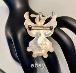 Leagus Ahiyite Zuni Thunderbird Silver Pendant Pin Onyx Turquoise Coral Signed
