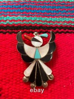 Leagus Ahiyite Zuni Thunderbird Silver Pendant Pin Onyx Turquoise Coral Signed