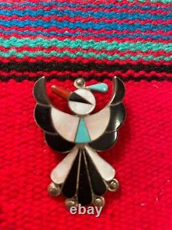 Leagus Ahiyite Zuni Thunderbird Silver Pendant Pin Onyx Turquoise Coral Signed