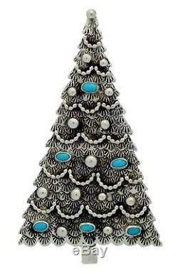Lee Charley, Pin, Pendant, Christmas Tree, Turquoise, Silver, Navajo Made, 3.5in
