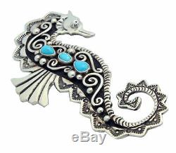 Lee Charley, Pin, Pendant, Sea Horse, Turquoise, Silver, Navajo Made, 2.75