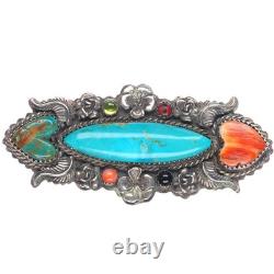 Leland Yazzie Navajo sterling silver turquoise spiny oyster hearts pin/brooch