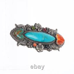 Leland Yazzie Navajo sterling silver turquoise spiny oyster hearts pin/brooch