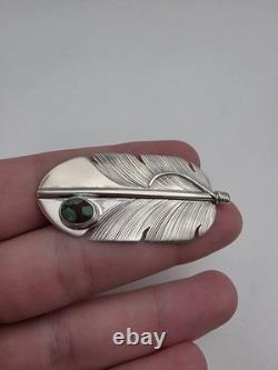Lena Platero Native American Sterling Silver 925 Feather & Turquoise Pin Brooch