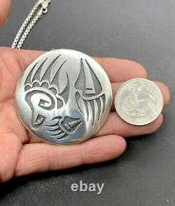 Loren Sakeva Signed Hopi Sterling Silver Bear Claw Overlay Pendant Pin Necklace