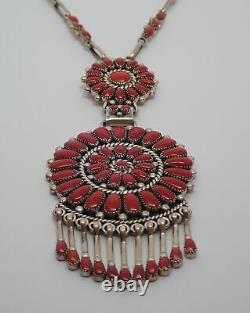 Lorraine Waatsa Zuni Sterling Silver & Coral Southwest Cluster Necklace