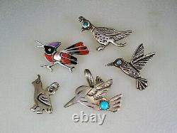 Lot of 5 OLD NAVAJO ZUNI STERLING SILVER & TURQUOISE + INLAY BIRD PINS PENDANTS