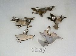 Lot of 5 OLD NAVAJO ZUNI STERLING SILVER & TURQUOISE + INLAY BIRD PINS PENDANTS