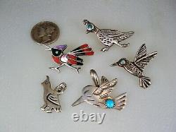 Lot of 5 OLD NAVAJO ZUNI STERLING SILVER & TURQUOISE + INLAY BIRD PINS PENDANTS