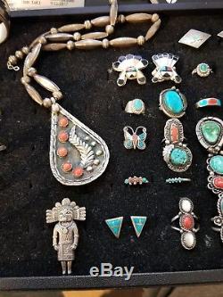 Lot of Zuni Navajo sterling silver turquoise rings bracelets, squash blossom, pin