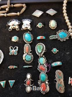 Lot of Zuni Navajo sterling silver turquoise rings bracelets, squash blossom, pin
