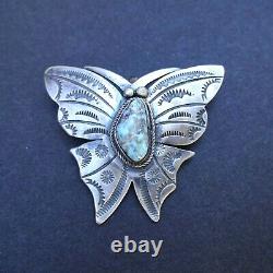 Lovely NAVAJO Hand-Stamped Sterling Silver TURQUOISE BUTTERFLY PIN Brooch