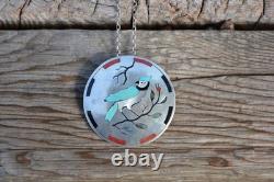 M & J Edaakie Vintage Zuni Inlay Sterling Silver Pendant / Pin Blue Jay