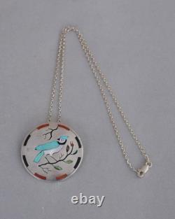 M & J Edaakie Vintage Zuni Inlay Sterling Silver Pendant / Pin Blue Jay