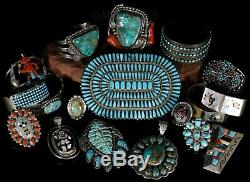MASSIVE Old Pawn Begay Signed NAVAJO Sterling Petit Point Turquoise Pin Pendant