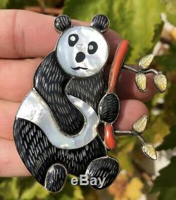 MASSIVE Old Zuni Sterling Silver Multi Stone Inlay Panda Bear Banboo Pin Pendant