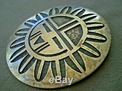 MICHAEL SOCKYMA Native American Zia Sunface Sterling Silver Overlay Pendant Pin