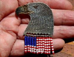Magnificent Navajo Sterling Silver Beaded AMERICAN EAGLE FLAG Brooch Pin SIGNED
